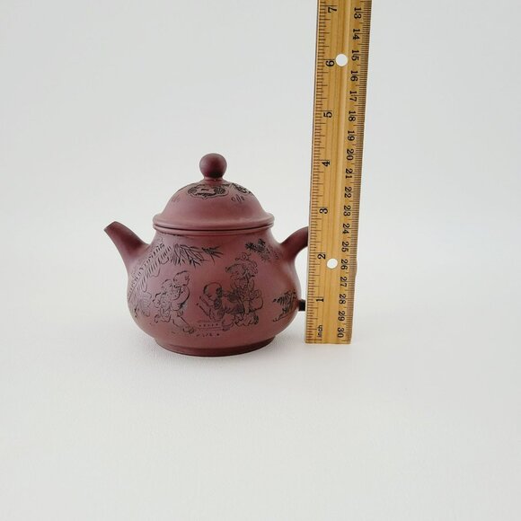 Chinese Yixing Clay Teapot, Carved Figural Design Burnished Purple Clay 10fl. oz - Picture 9 of 16